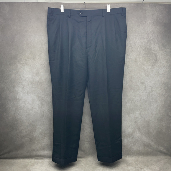 Jos A Bank Executive Mens 40 x 30.5 Black Dress Pants Wool Pleated Herringbone - Picture 9 of 9
